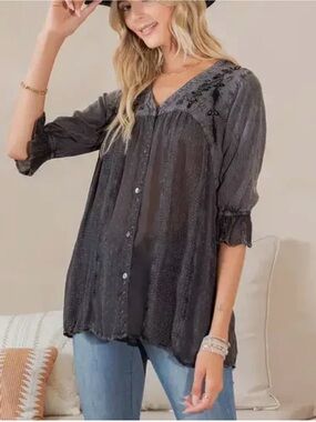 Young Threads Embroidered Flowy Blouse Charcoal Black Size M